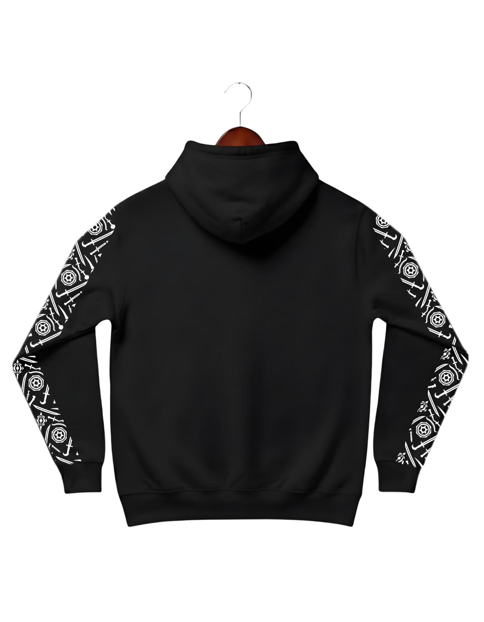 Black Punjabi streetwear hoodie with red Shastar text and white weapon sleeve art. Men's heavy cotton hooded sweatshirt featuring Sikh warrior-inspired graphic design and Pardesi Drip branding, isolated on a black background.