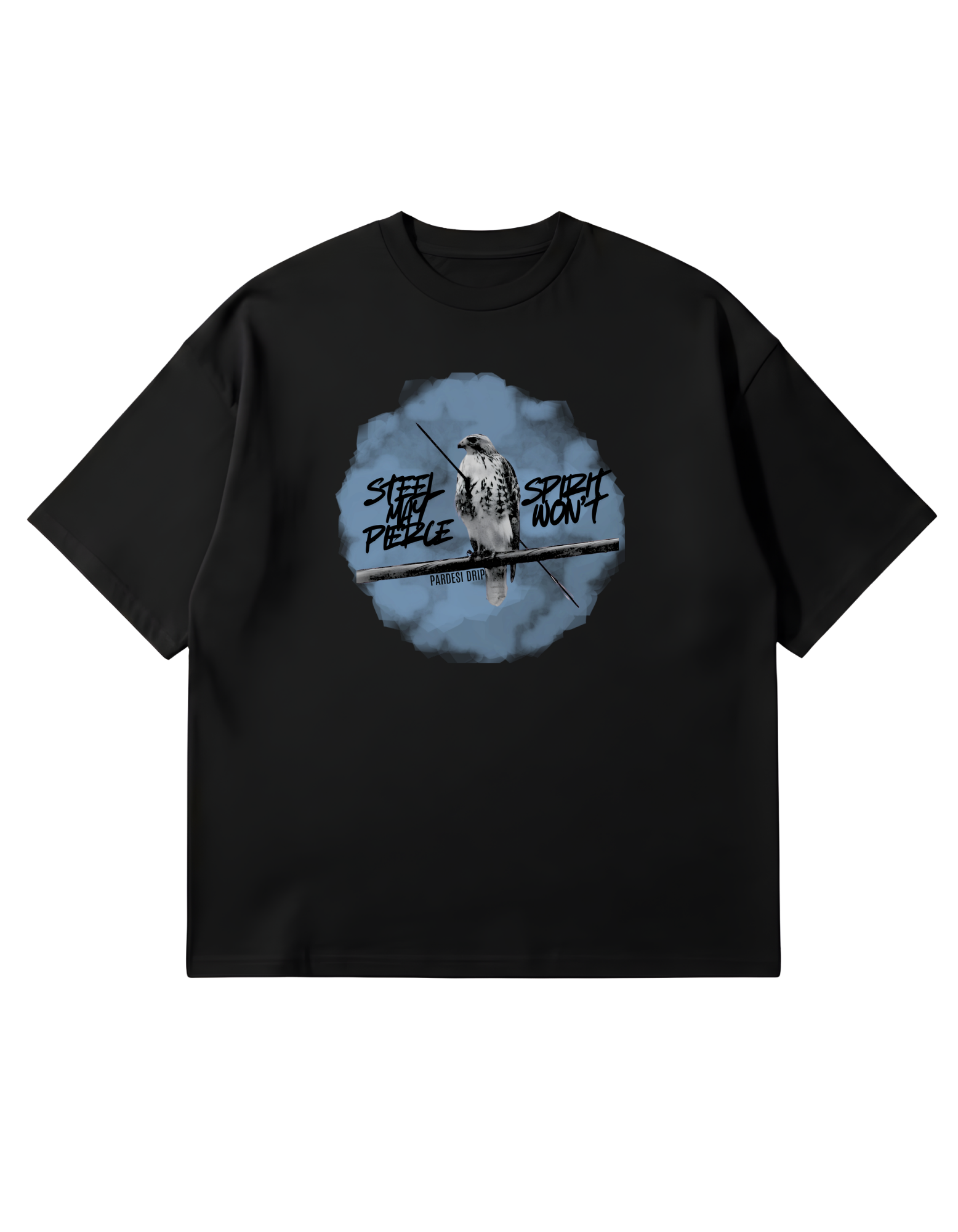 Black Oversized French Terry T-shirt features a circular blue watercolor-style graphic of a Baaz (Sikh falcon) perched on a branch, flanked by the edgy script "STEEL MAY PIERCE" and "SPIRIT WON'T.