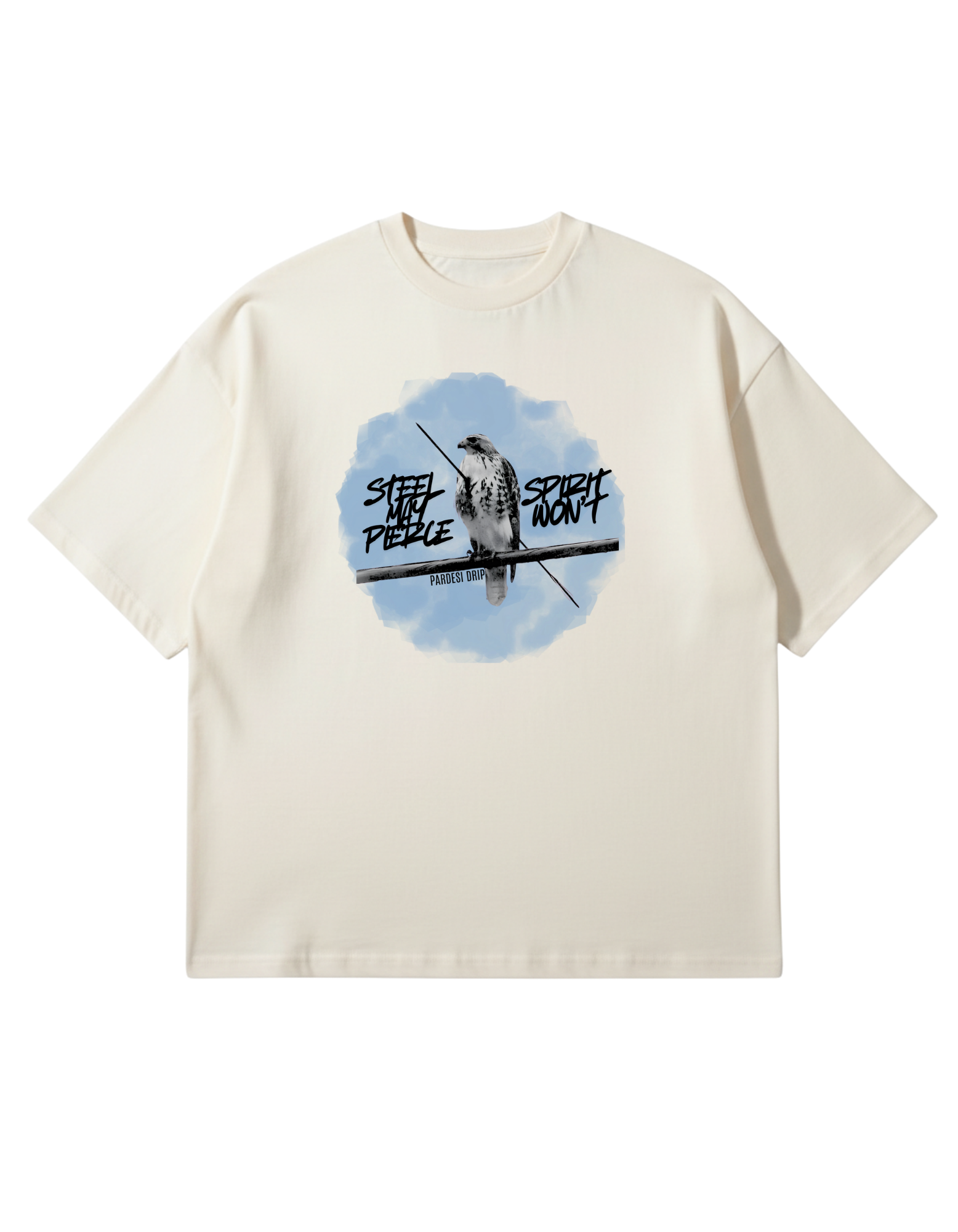Off-White Oversized French Terry T-shirt features a circular blue watercolor-style graphic of a Baaz (Sikh falcon) perched on a branch, flanked by the edgy script "STEEL MAY PIERCE" and "SPIRIT WON'T.