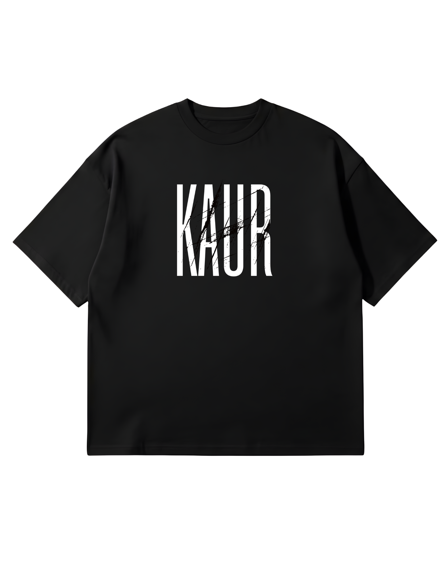 Black t-shirt with 'KAUR' printed on a white background