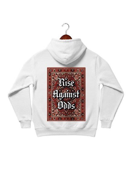 White hoodie with 'Rise Against Odds' graphic on a hanger against a white background